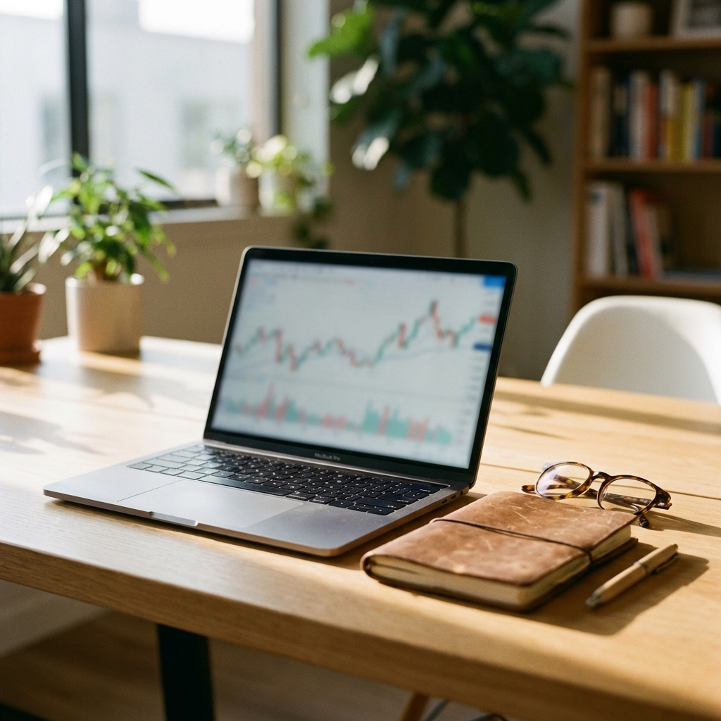 시장 사이클과 투자 심리를 고민하며 노트북과 투자 일지가 놓인 나무 테이블 위에서 집중하는 투자자의 금융 업무 공간