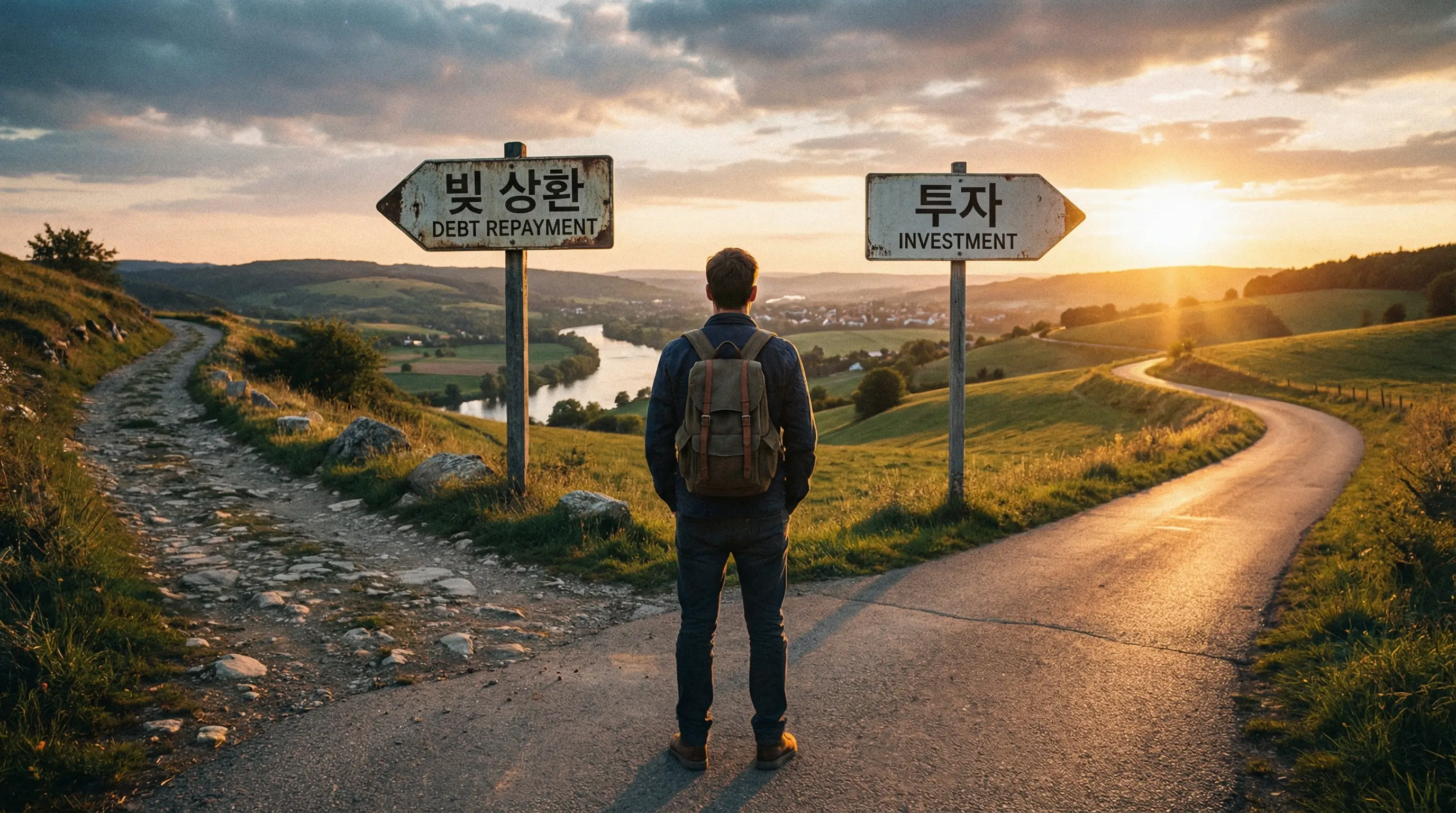 두 갈래 길 앞에 서서 빚 상환과 투자라는 선택지를 두고 고민하는 사람의 뒷모습