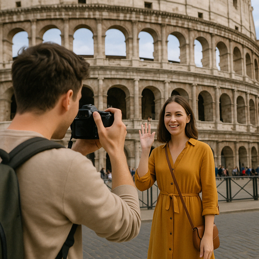 관광지 앞에서 서로의 사진을 찍어주는 관광객들 모습으로&amp;#44; &lsquo;Can you take a picture of me?&rsquo; 상황과 연결됩니다.