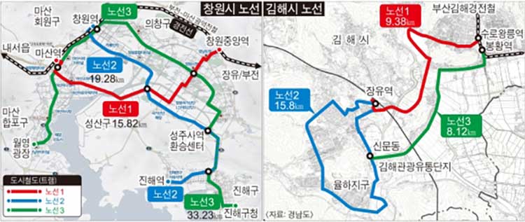 김해, 창원 도시철도(트램)노선도