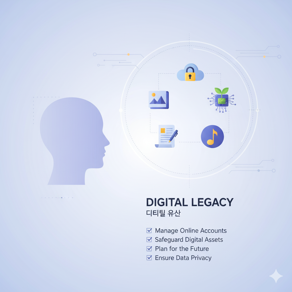 alt="디지털 유산 관리 개념을 보여주는 인포그래픽. 클라우드, 사진, 문서, 음악, 디지털 자산 아이콘이 원 안에 배치되어 있고, 왼쪽에는 사람의 실루엣이 있으며, 하단에는 'Manage Online Accounts, Safeguard Digital Assets, Plan for the Future, Ensure Data Privacy'라는 문구가 있음."