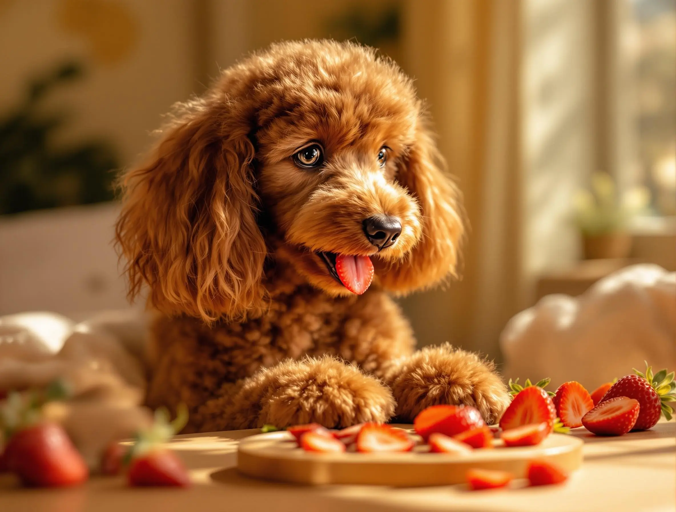 실내에서 딸기를 바라보며 혀를 내민 갈색 푸들 강아지
