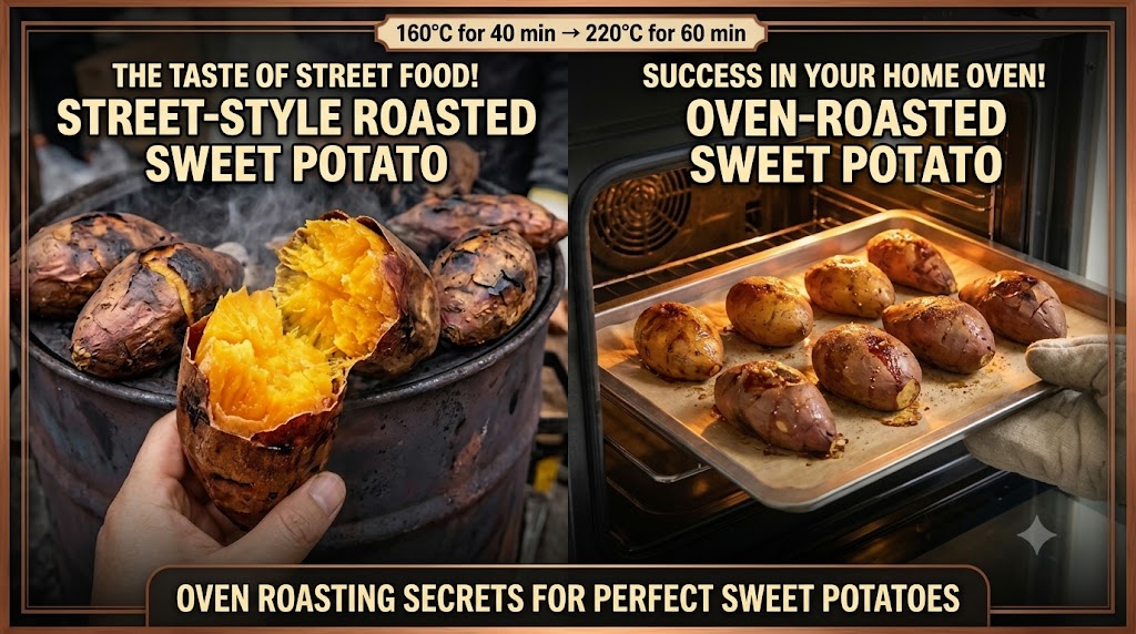 A split comparison thumbnail featuring roasted sweet potatoes split open on a street drum on the left, and sweet potatoes roasting on an oven tray on the right. Highlighted text reads: '160&deg;C for 40 min &rarr; 220&deg;C for 60 min' and 'Oven-Roasted Sweet Potato Recipe Rivaling Street Vendors'.