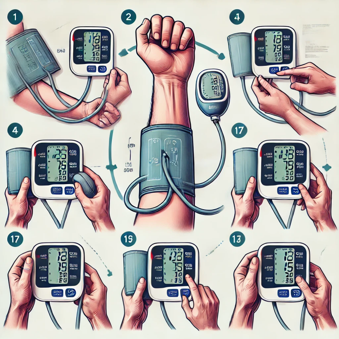 디지털 혈압계로 올바른 혈압 측정 방법을 설명하는 다이어그램