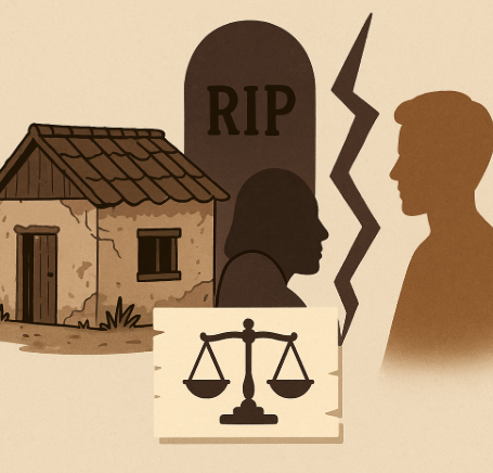 "농촌 빈집 상속 문제를 표현한 일러스트, 낡은 시골 집 옆에 묘비와 갈등을 상징하는 실루엣 두 명, 가운데 저울 아이콘이 함께 배치된 디자인"