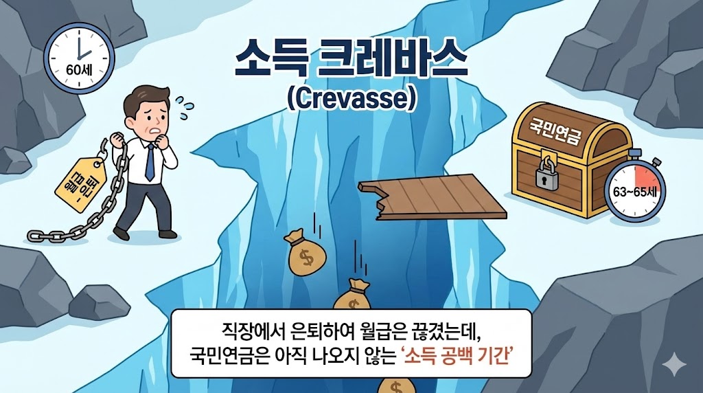 소득 크레바스(Crevasse)란?
직장에서 은퇴하여 월급은 끊겼는데, 국민연금은 아직 나오지 않는 '소득 공백 기간