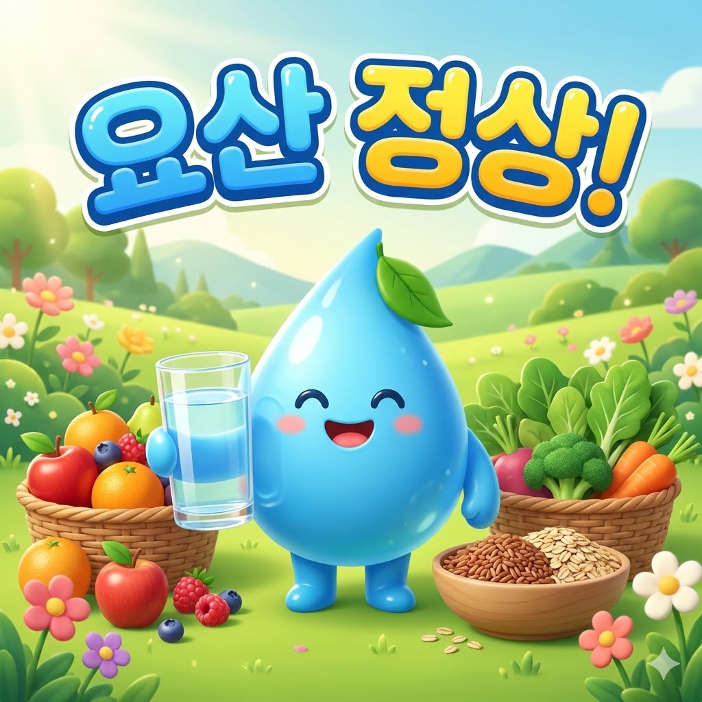 요산 수치 정상범위를 지키는 건강한 생활 습관을 나타내는 3D 카툰 일러스트. 귀여운 캐릭터가 신선한 채소, 과일, 물을 마시며 활기찬 모습을 보여줍니다. '요산 정상!' 문구로 건강한 요산 관리를 강조합니다.