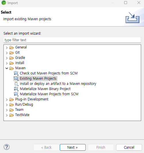 Existing Maven Project 항목 선택