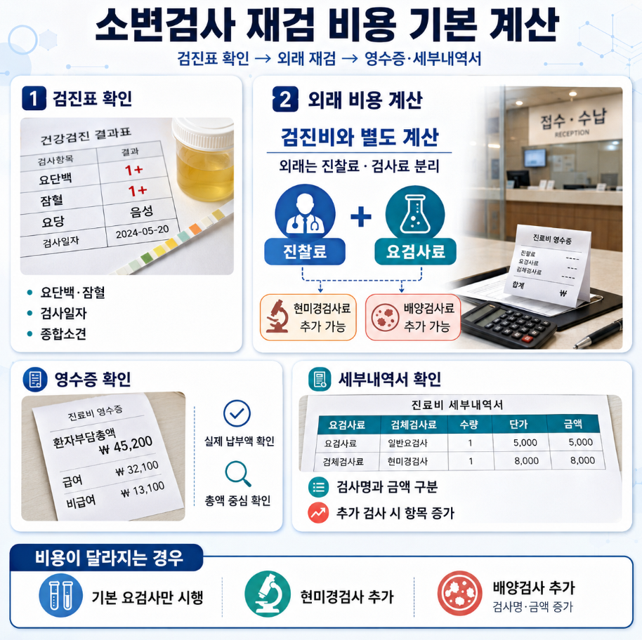 건강검진 소변검사 재검 비용이 외래 진찰료와 검사료로 별도 계산되는 과정을 검진표, 영수증, 세부내역서 중심으로 설명한 의료 인포그래픽