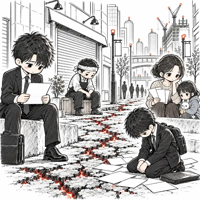 A chibi-style black ink illustration depicting an office worker, a small-business owner, a parent, and a young job seeker facing financial hardship in a recession-hit city.