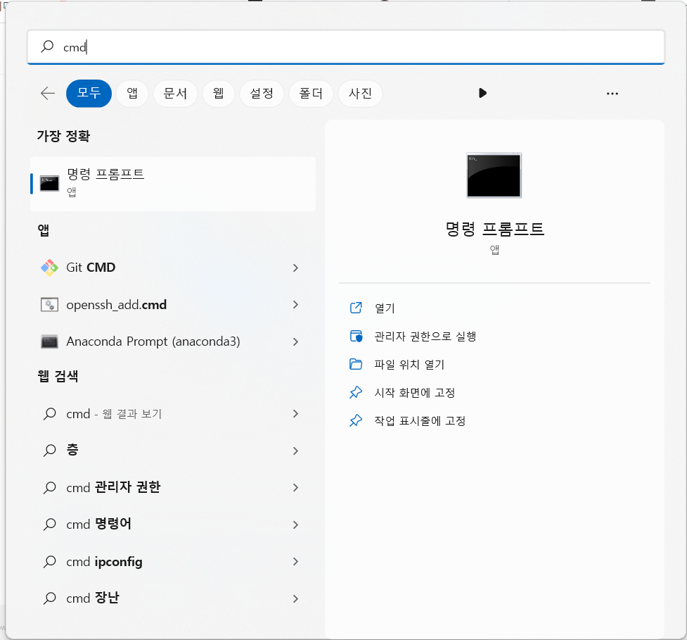 시작 => 검색 => cmd => 관리자 권한으로 실행