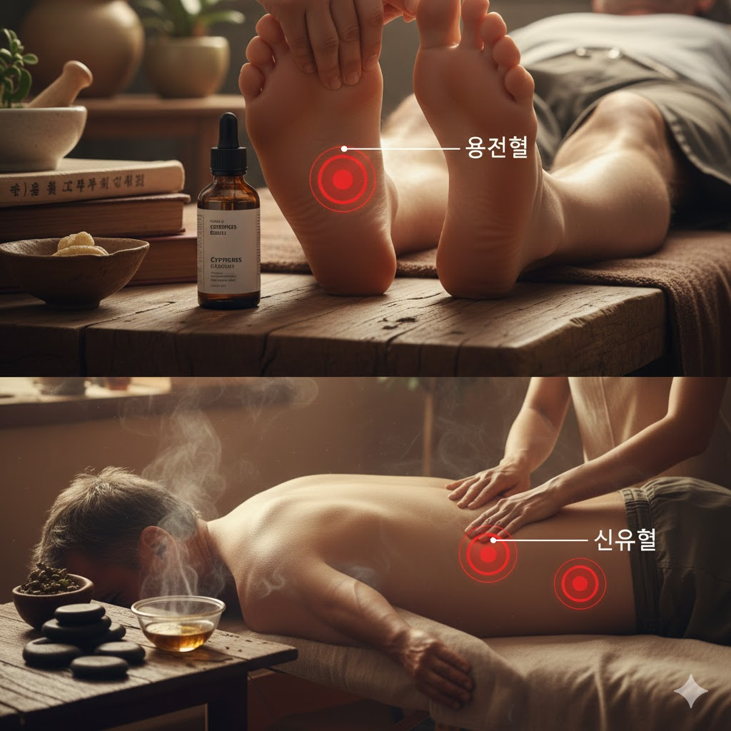 발바닥 중앙의 용천혈을 손가락으로 지압하는 모습. 신장 원기를 회복하고 붓기를 제거하는 경락 마사지 방법