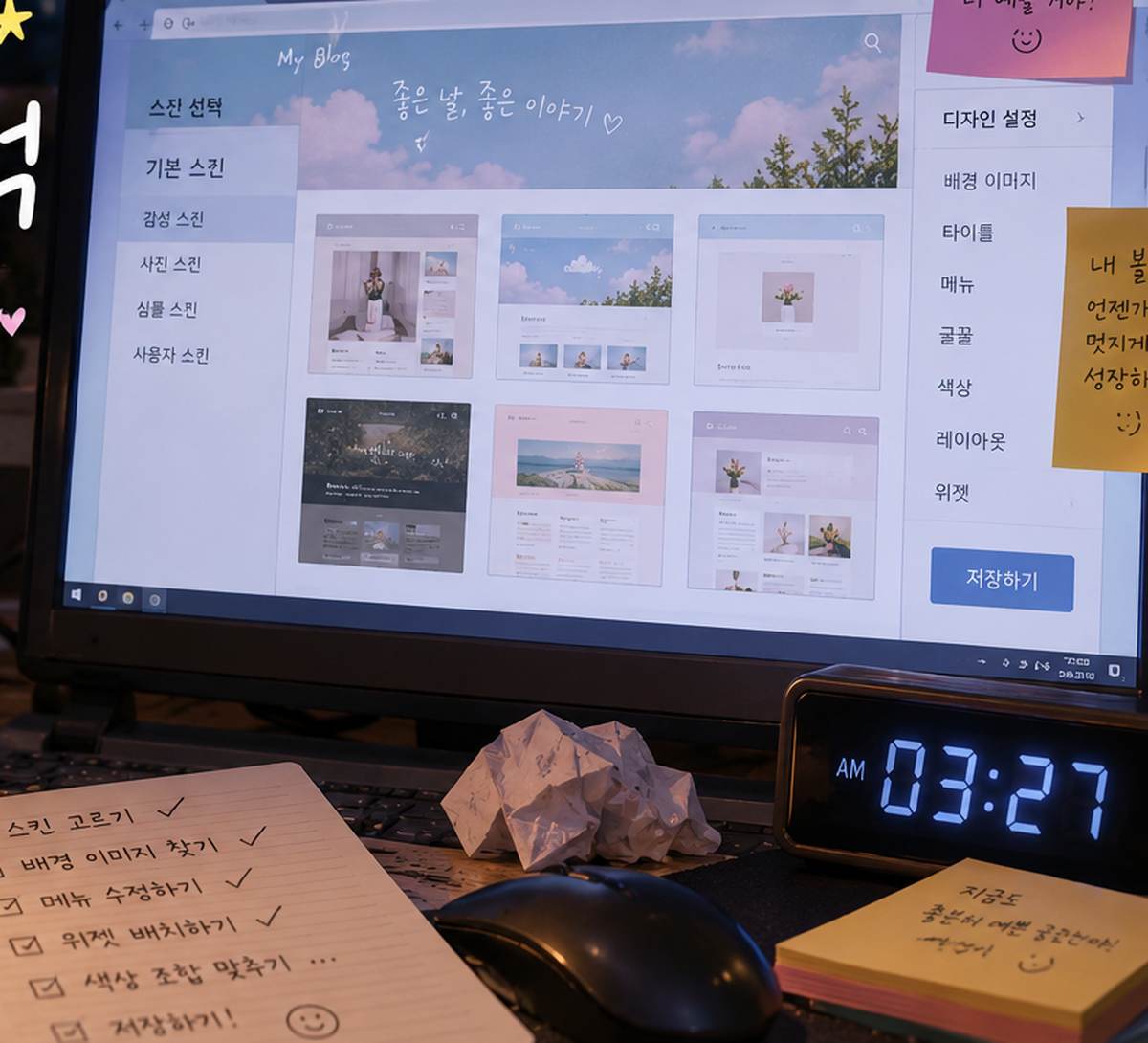 깊은 새벽 컴퓨터 화면에 완성한 블로그 스킨을 띄워 놓고 마지막으로 확인하는 책상 풍경