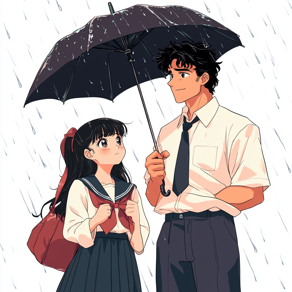 홍수 피해 받지 않으려고 우산 쓰고 있는 커플