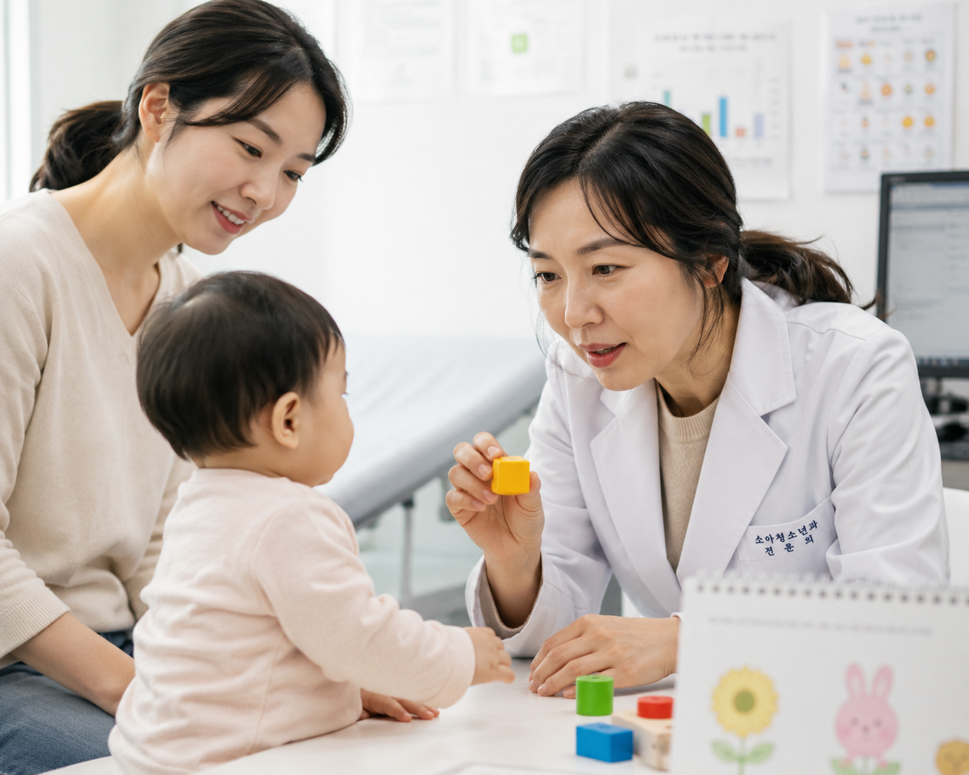 소아과에서 의사가 영유아 발달 평가를 진행하는 장면