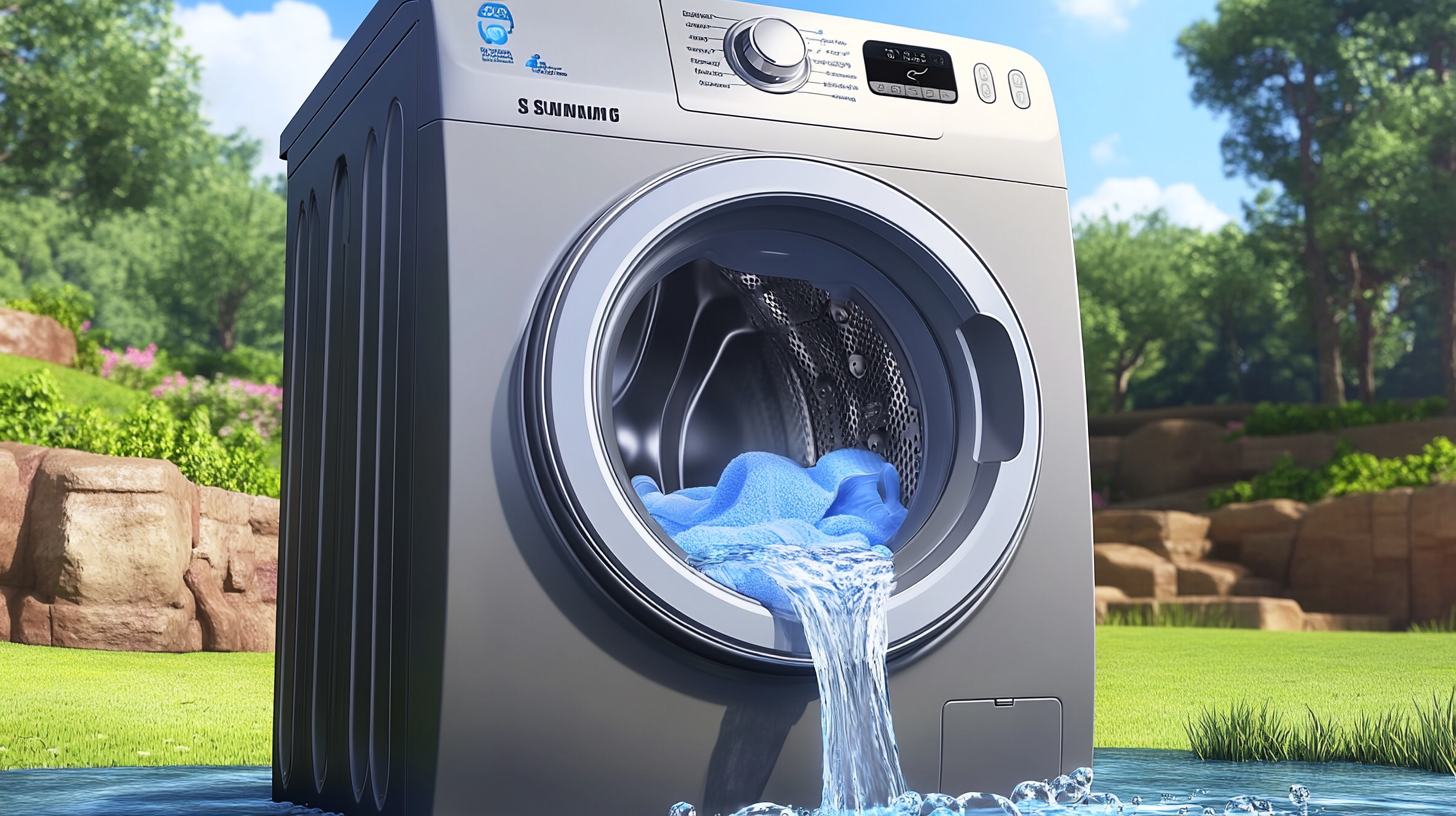 삼성의 최신 기술로 물 효율성을 높인 통돌이형 세탁기의 활기찬 장면입니다. 물이 빠르게 흐르는 모습과 함께 첨단 기술 아이콘이 은은하게 새겨져 있습니다.