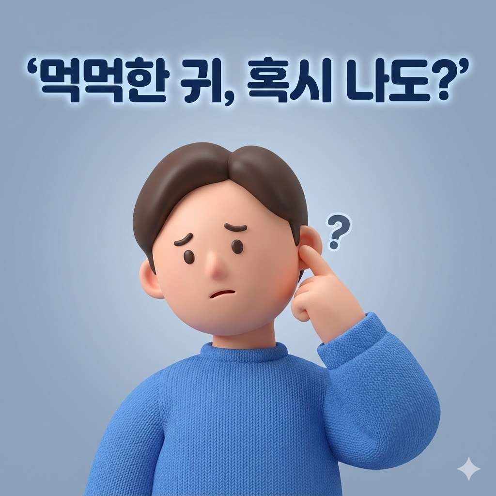 한쪽 귀가 먹먹한 듯 귀를 만지고 있는 사람이 고민하는 표정을 짓는 3D 카툰 일러스트. '먹먹한 귀, 혹시 나도?'라는 문구가 크게 표시되어 있습니다.