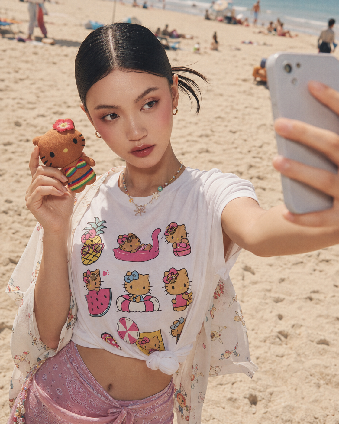 AI모델에 태닝키티UT+인형+해변에서 셀카 조합으로 빠르게 만들수 있음