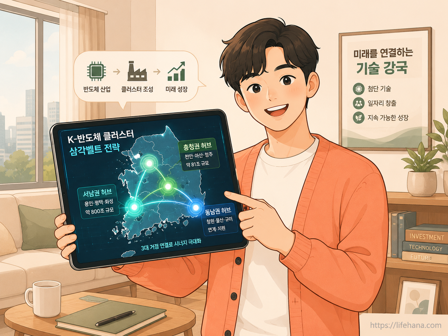 코랄색 가디건을 입은 청년이 거대한 반도체 지도와 투자 그래프를 보며 분석하는 모습