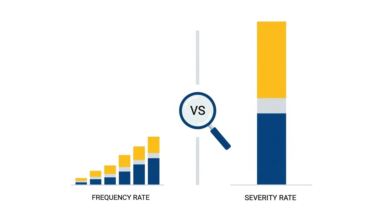 도수율과 강도율의 핵심 차이를 보여주는 안전 분석 인포그래픽. 왼쪽에는 낮은 그래프 여러 개로 재해의 '빈도'를, 오른쪽에는 높은 그래프 하나로 재해의 '심각성'을 나타내며 두 지표의 종합적인 재해율 분석의 중요성을 강조하는 이미지.