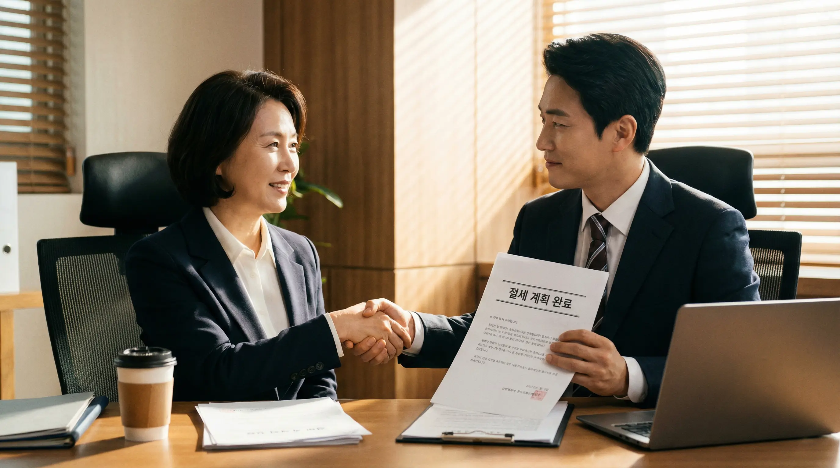 세무 전문가와 상담하며 절세 계획을 확정하고 안도하며 악수하는 상속인의 모습