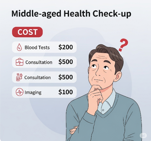 중년 건강검진 항목별 비용 정보를 담은 인포그래픽 썸네일 이미지, 고민하는 중년 남성 일러스트 포함한 이미지