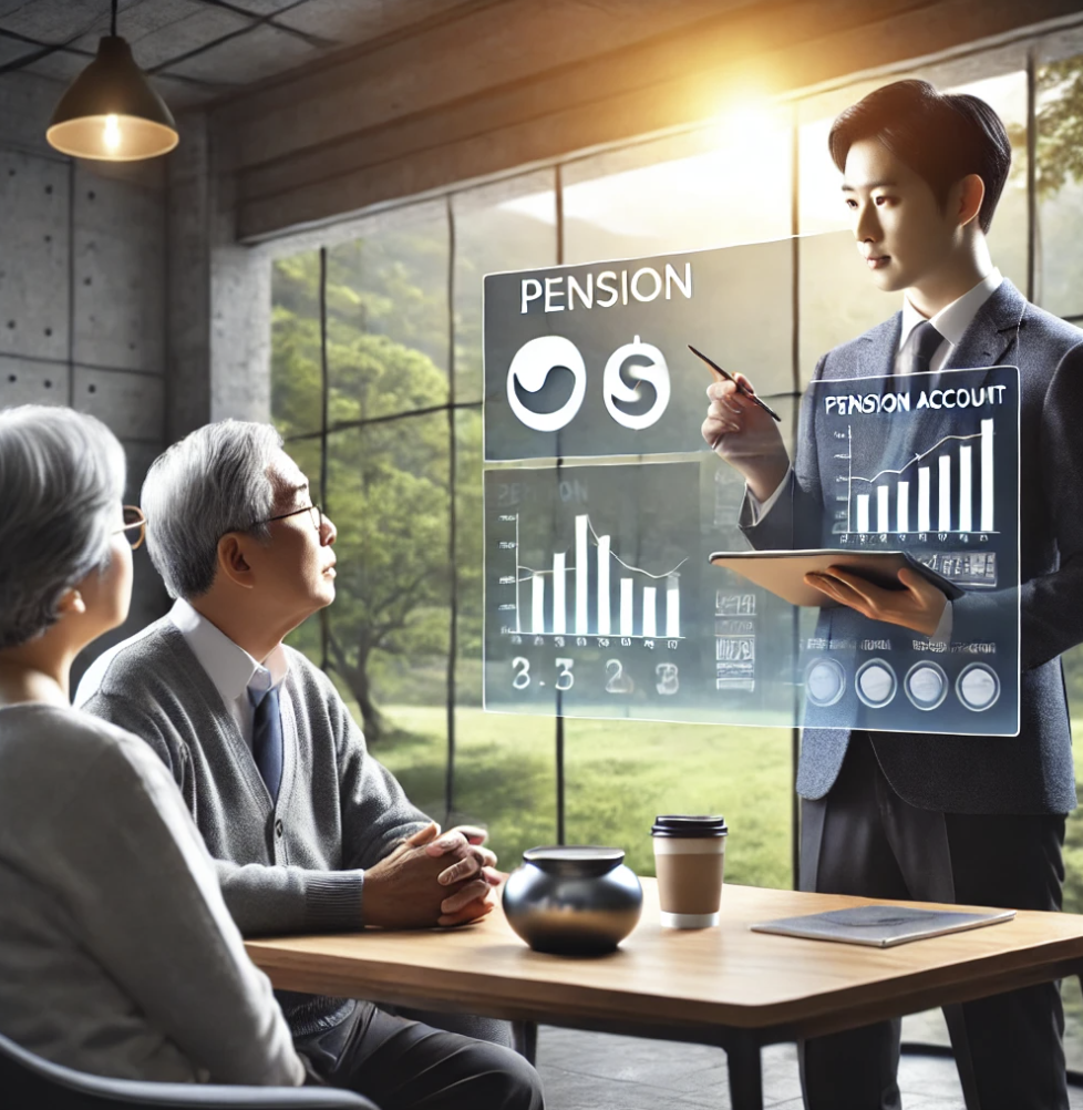 노부부 고객에게 연금계좌에 대해 상세히 설명하는 재정 상담가