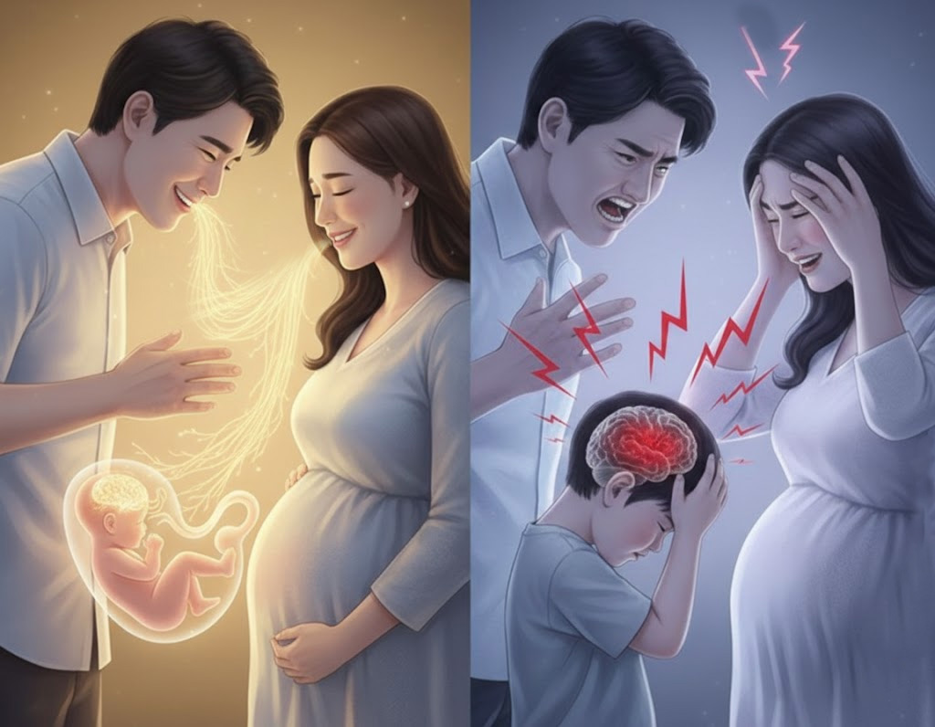 부모가 사용하는 언어는 아이가 출생하기 전부터 아이의 뇌에 영향을 미친다. 부모의 입술에서 나오는 선한 말과 긍정의 언어로 아이의 뇌를 채워주는 것이 중요하다. (AI 제작 이미지)