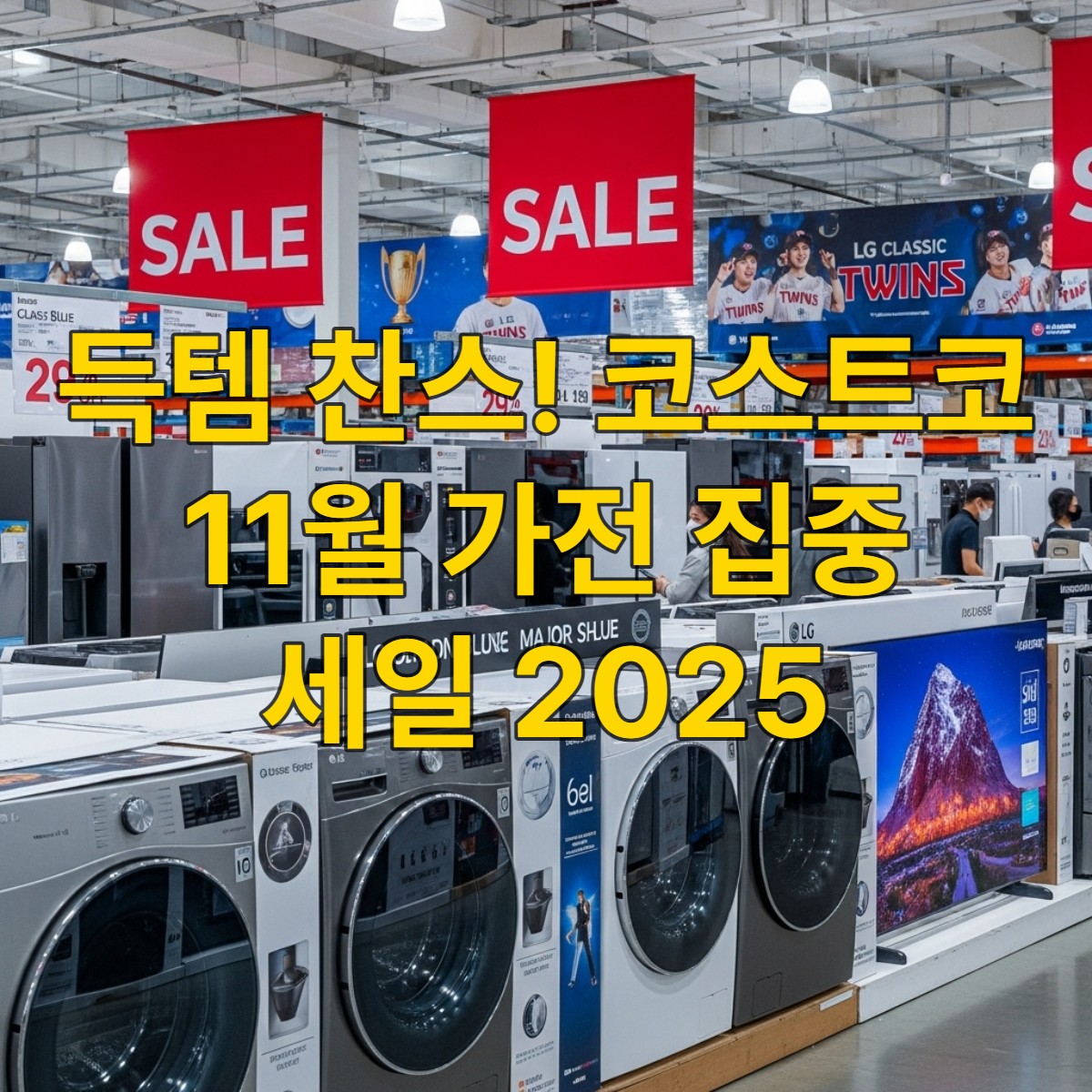 2025년 코스트코 11월 가전 집중 세일 현장: LG전자 냉장고, 세탁기, OLED TV 등 인기 가전제품이 최대 29% 할인된 가격으로 진열되어 있으며, 쇼핑객들이 활기차게 제품을 둘러보는 모습. LG트윈스 우승 기념 프로모션 배너도 보인다.
