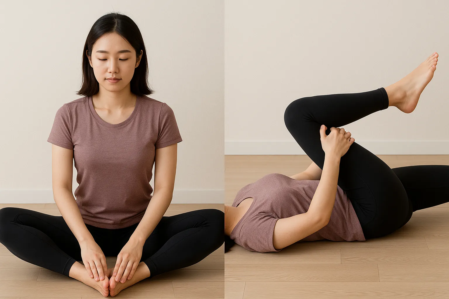 양반다리 후 하면 좋은 스트레칭, 나비자세와 이상근 스트레칭 동작을 보여주는 이미지