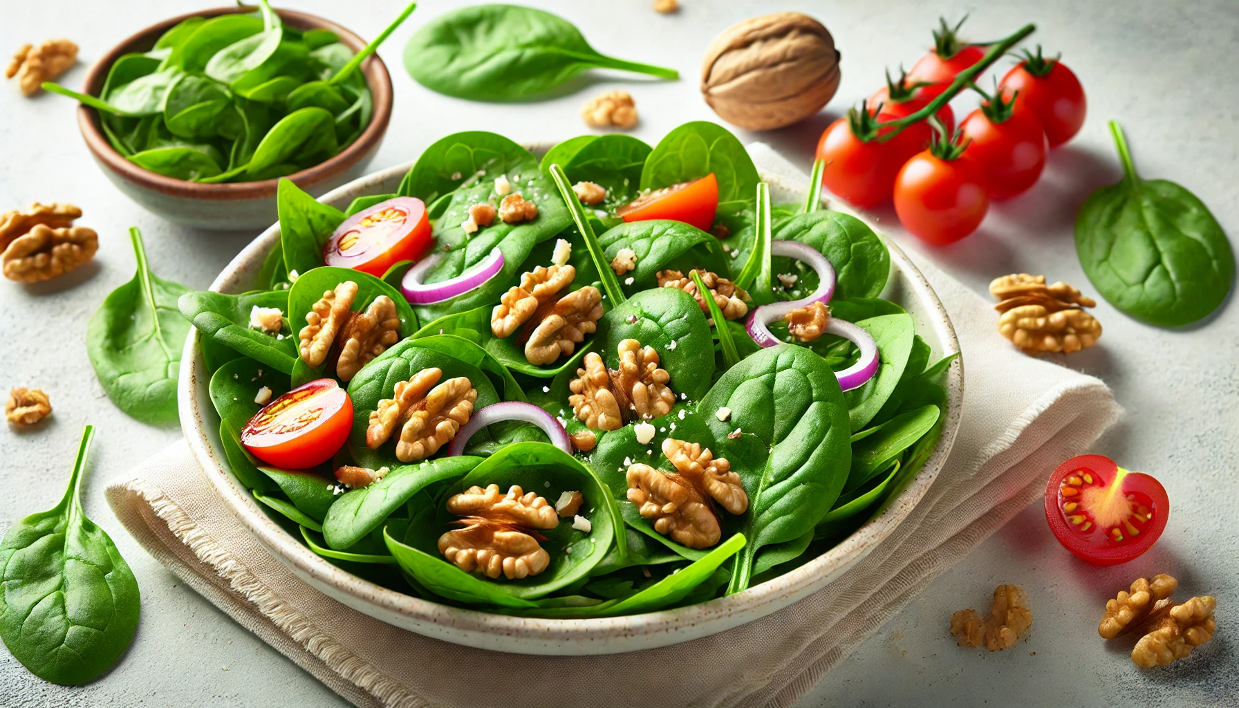 위 이미지는 시금치 샐러드와 호두의 조합을 가로로 보여줍니다. 신선한 시금치 잎 위에 전체와 잘게 다진 호두가 올려져 있으며, 체리 토마토, 적양파, 가벼운 드레싱이 더해져 색감과 식감을 풍부하게 합니다. 이 조합은 건강한 식사를 위해 이상적입니다.