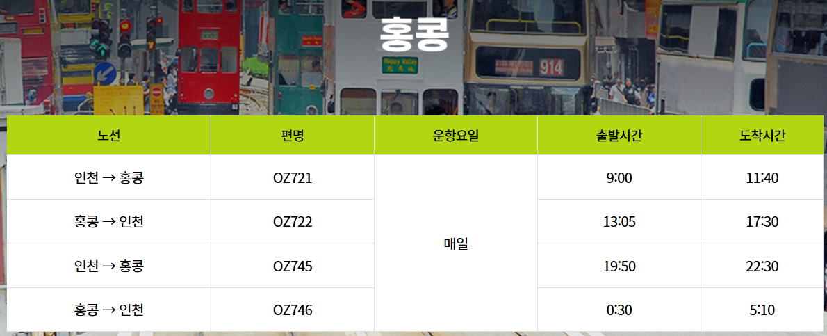 홍콩 왁복 스케줄