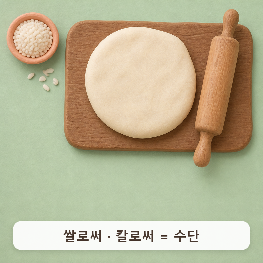 도마 위 쌀가루 반죽 옆에 놓인 나무 밀대