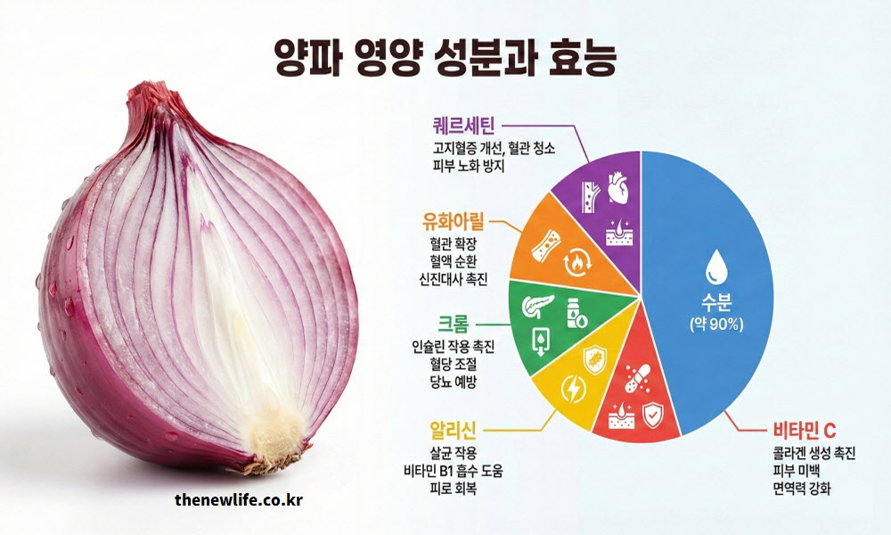 퀘르세틴, 유화아릴, 크롬, 알리신, 비타민C 등 5대 핵심 영양소의 구체적인 건강 효과를 분석한 양파 효능 도표 이미지