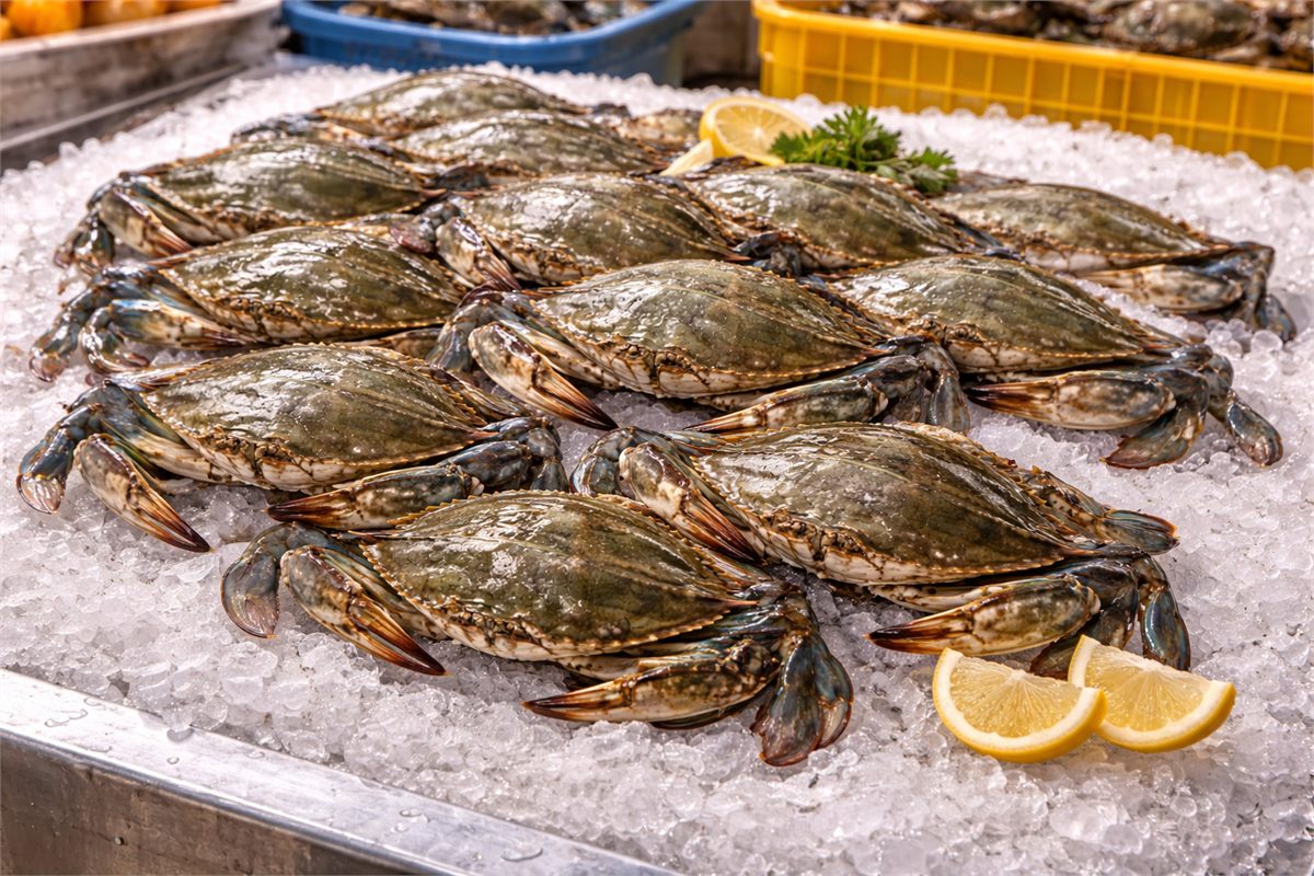 다리와 껍질 상태가 좋은 신선한 꽃게가 얼음 위에 진열된 장면 