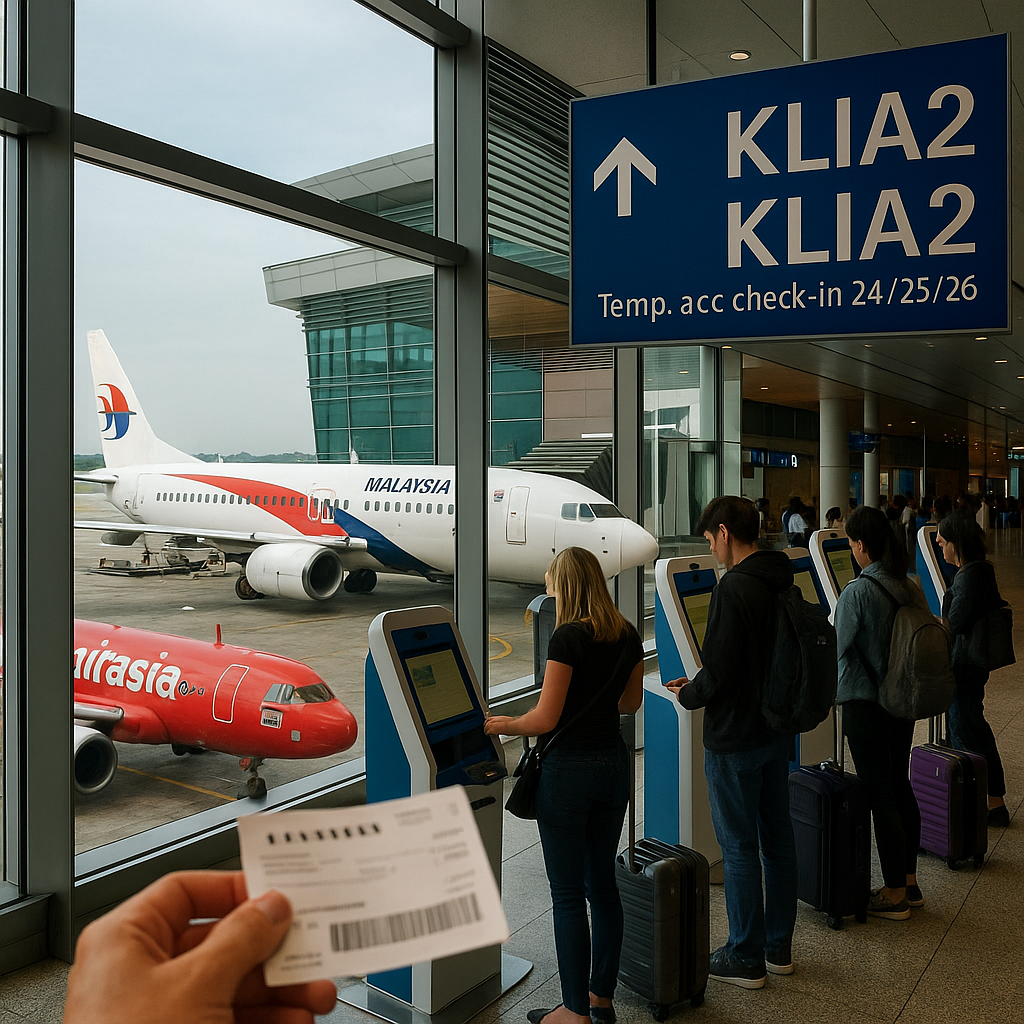 KLIA2 체크인 키오스크 앞에서 승객들이 보딩패스를 들고 체크인하는 사이 창밖으로 Malaysia Airlines와 AirAsia 항공기가 나란히 서 있는 모습