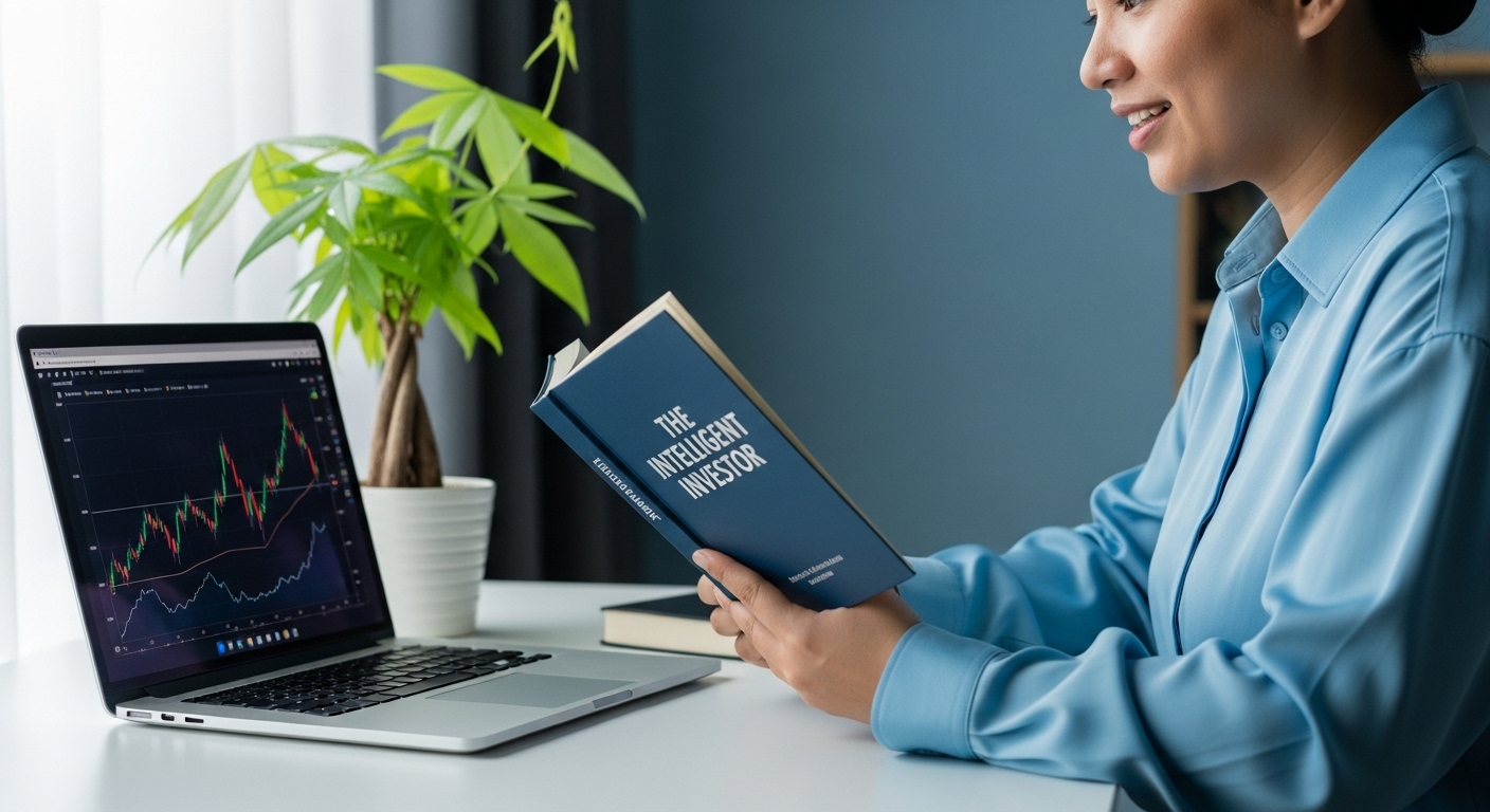 책을 읽고 주식 차트를 보며 재정 공부에 집중하는 사람. 지속적인 재정 교육과 성장의 중요성을 나타내는 이미지.