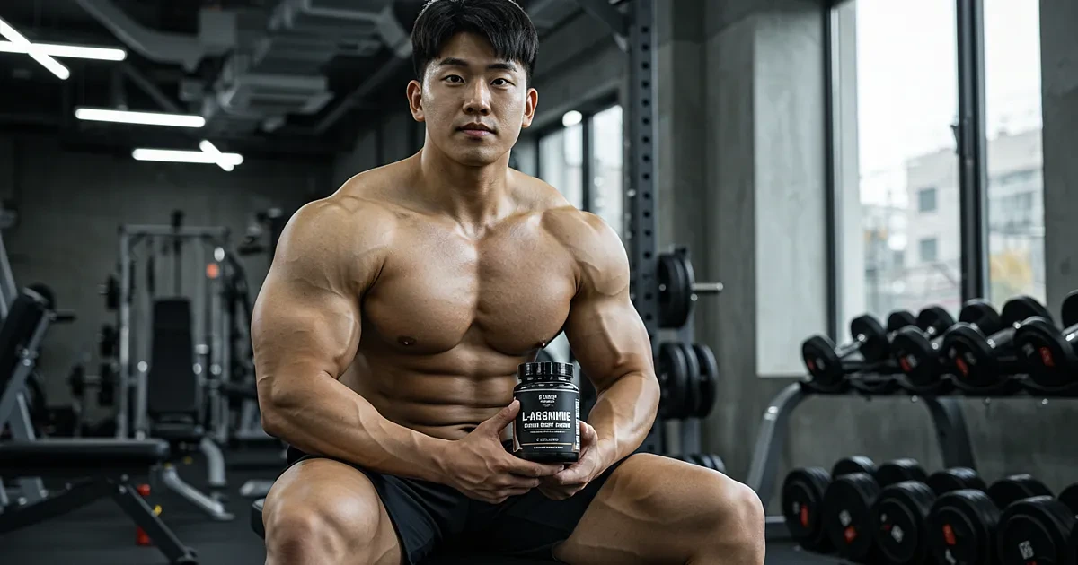 헬스장에서 상체 근육을 드러낸 보디빌더가 L-아르기닌 보충제를 들고 정면을 응시하는 모습
