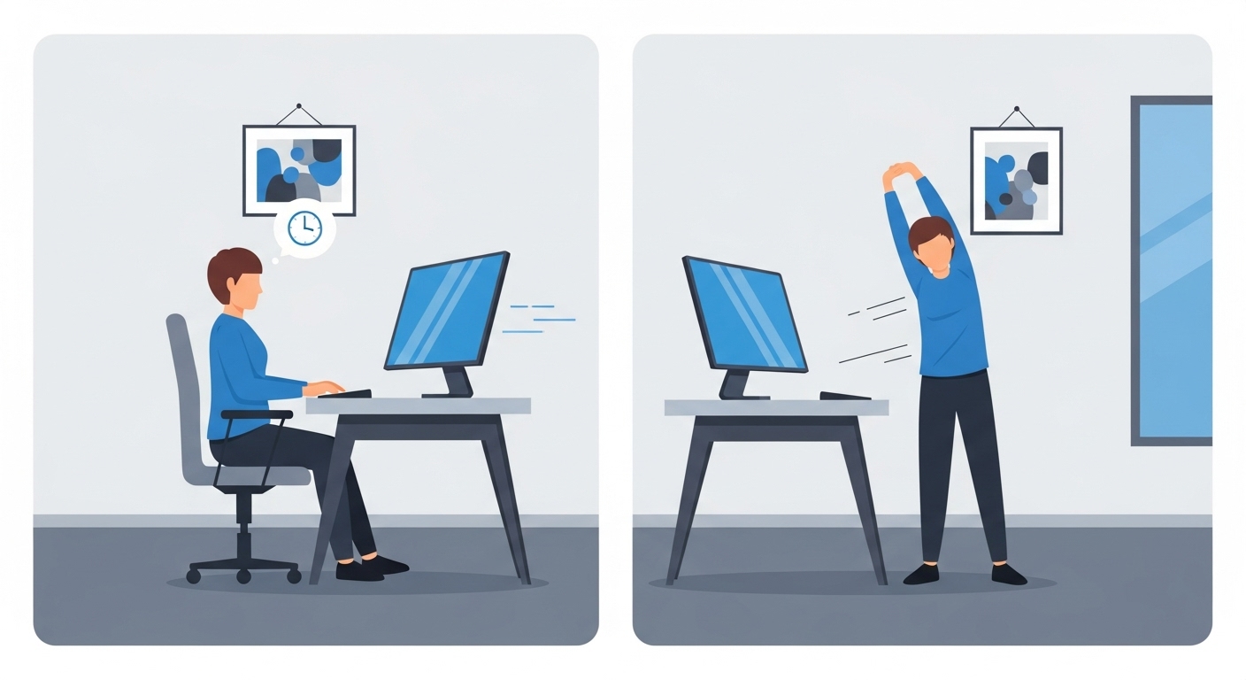 사무실 책상에 앉아있다가 일어나 간단한 스트레칭을 하는 모습.