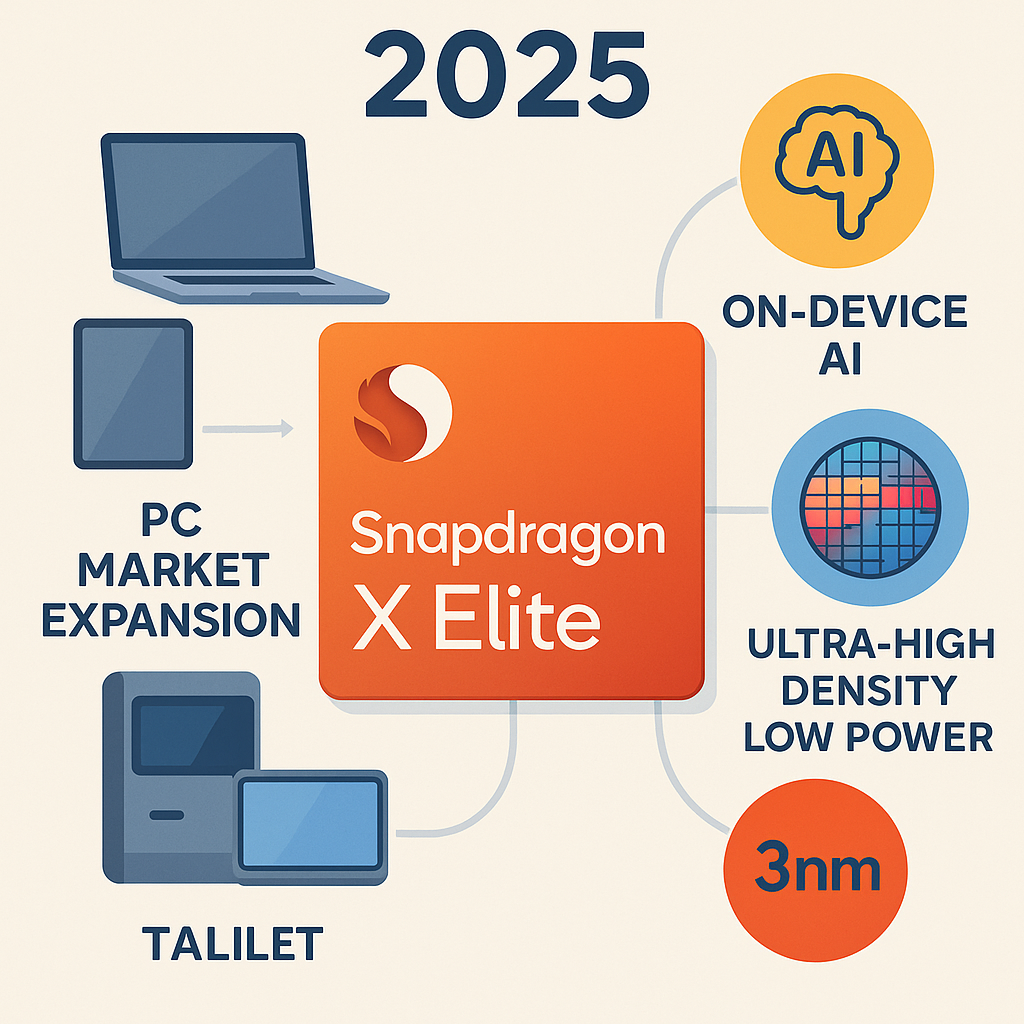 Snapdragon X Elite 기반 퀄컴 칩 기술 진화 (PC, NPU, 3nm) 퀄컴 ARM 칩 전망 인포그래픽