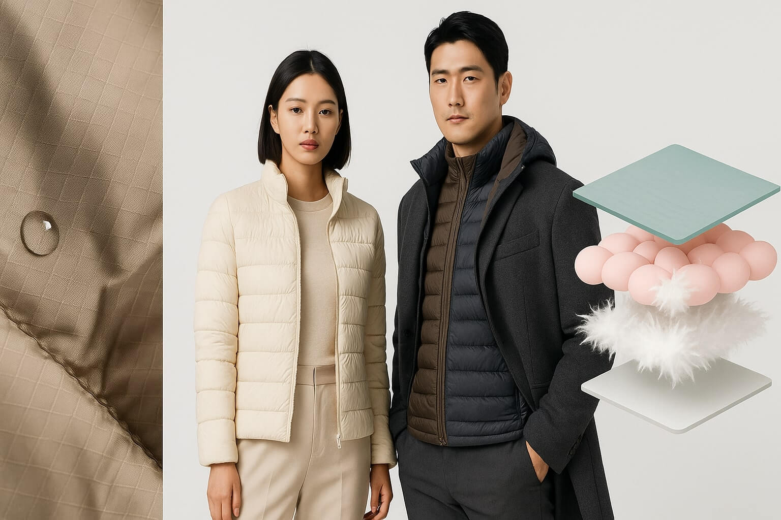 경량패딩 원단 질감, 남녀 모델 착용컷, 충전재 구조 그래픽