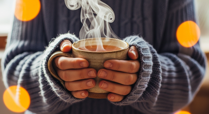 따뜻한 스웨터를 입고 김이 나는 허브티 머그잔을 두 손으로 감싸 쥐고 체온을 높이는 모습