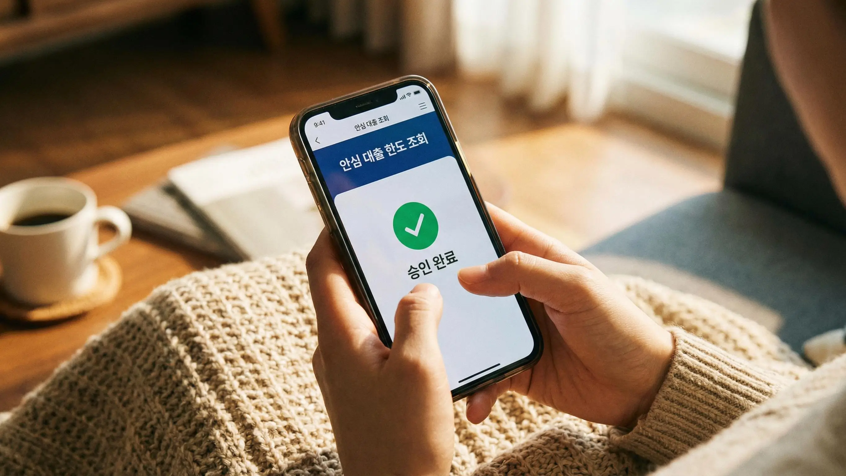 스마트폰으로 안전하게 대출 한도를 조회하고 승인 완료 메시지를 보며 안도하는 손의 클로즈업