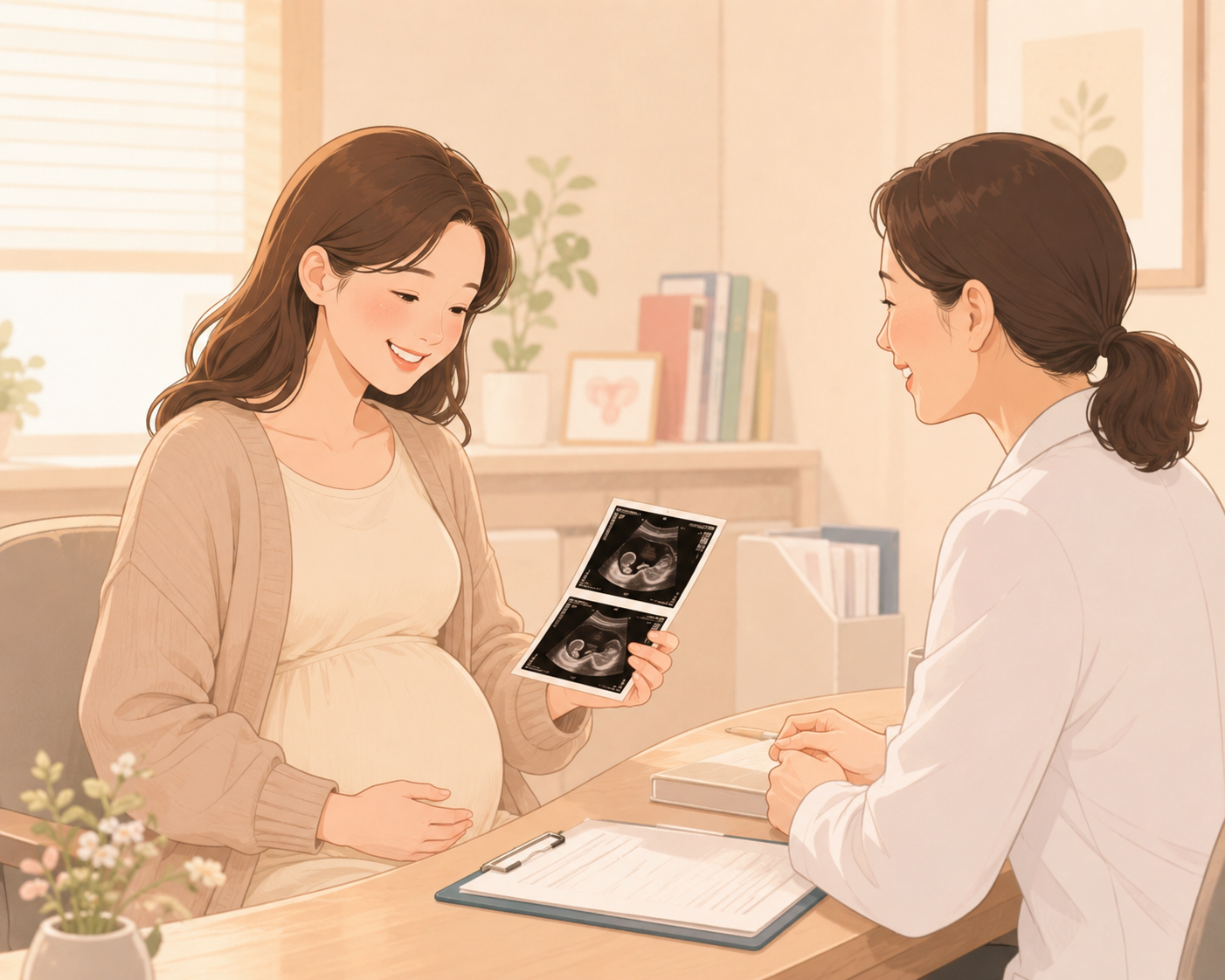 초음파 사진을 보며 미소짓는 임신부
