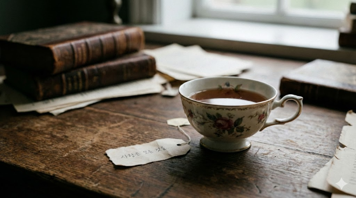 낡고 고풍스러운 서재 책상 위에 놓인 홍차 찻잔 하나