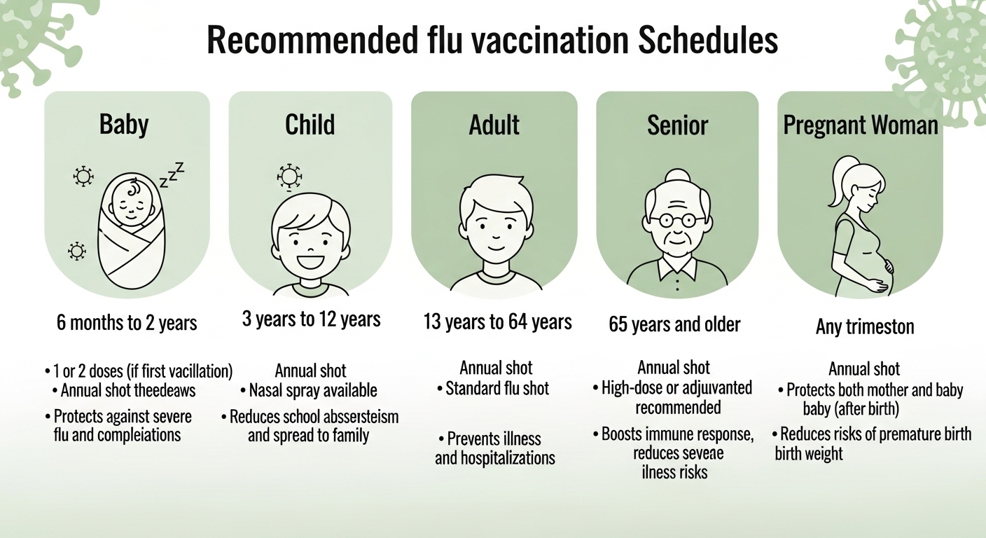 영유아, 어린이, 성인, 임산부, 노인 등 연령대별 독감 예방접종 권장 시기와 그 중요성을 나타내는 인포그래픽.