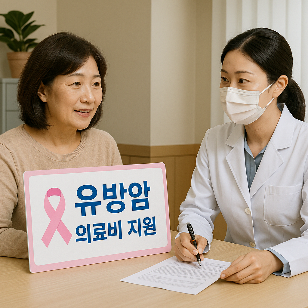 보건소에서 유방암 의료비 지원금 상담하는 중년 여성