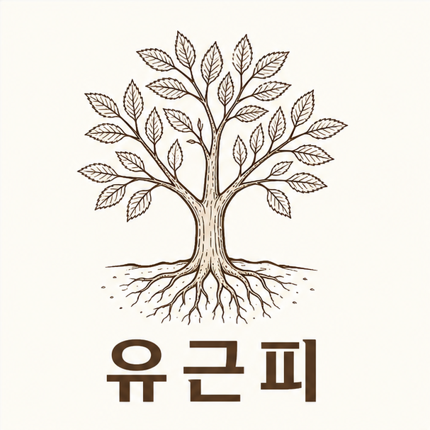 유근피 대표 이미지, 느릅나무 한 그루와 뿌리를 단순한 선으로 그린 일러스트
