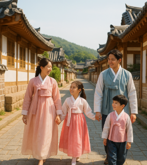 경주 한옥마을에서 한복입고 산책하는 가족 모습