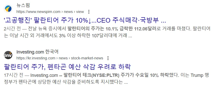 팔란티어 주가 10%이상 급락, 펜타콘 예산 삭감 우려 뉴스 이미지